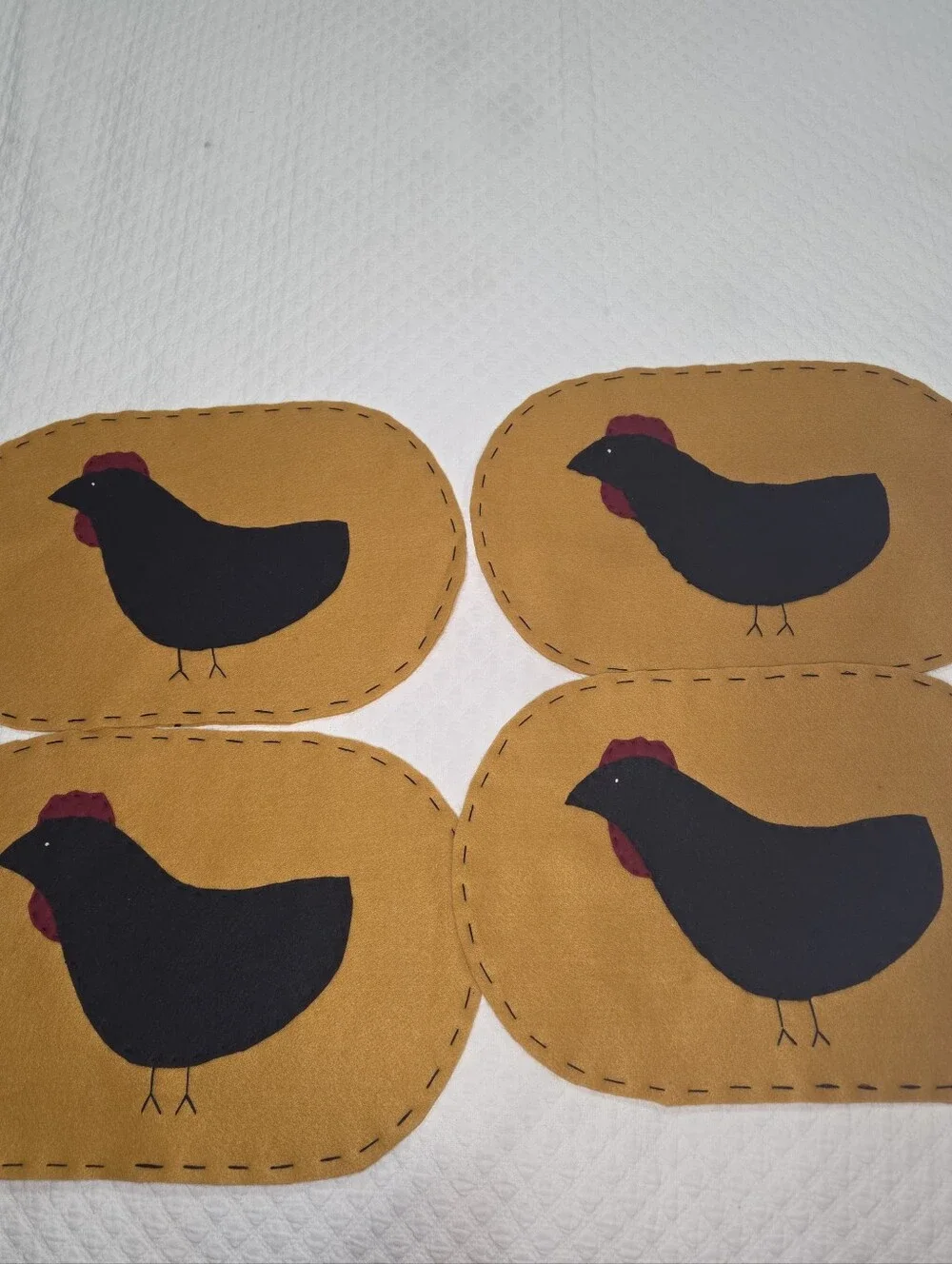 Folk Art Chickens Placemats Set of 4 Felt Handmade Burnt Orange 18x12 Fall Autum